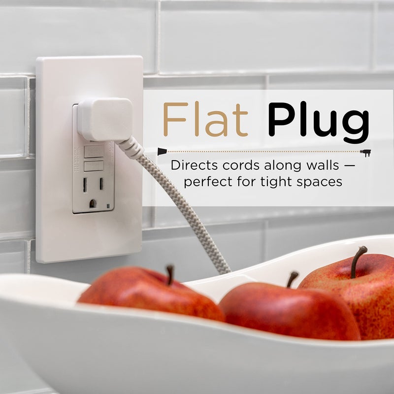 Cordinate Designer 3-Outlet Extension Cord, 2 Prong Power Strip, Extra Long 8 Ft Cable with Flat Plug, Braided Chevron Fabric Cord, Slide-to-Close Safety Outlets, Tan/White, 41891 - Image 5